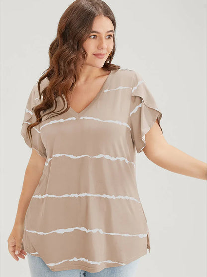 Striped Contrast Petal Sleeve T-shirt