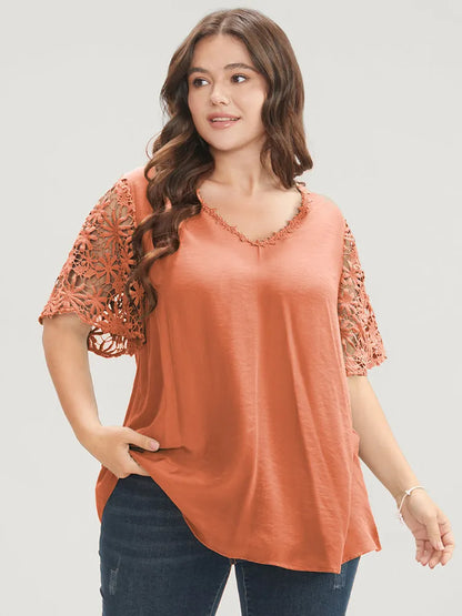 Plain V Neck Floral Patchwork Blouse