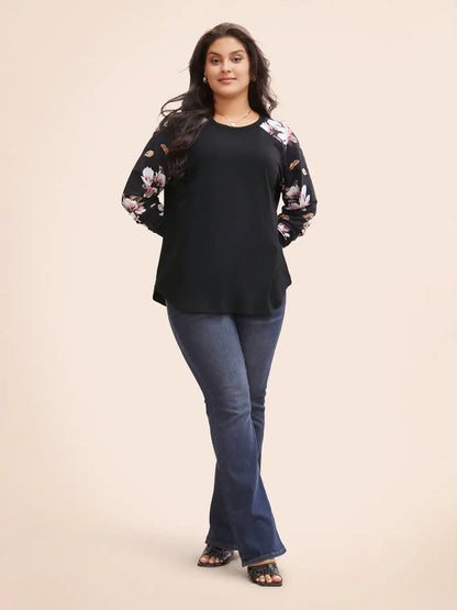 Floral Patchwork Crew Neck Raglan Sleeve Sweatshirt