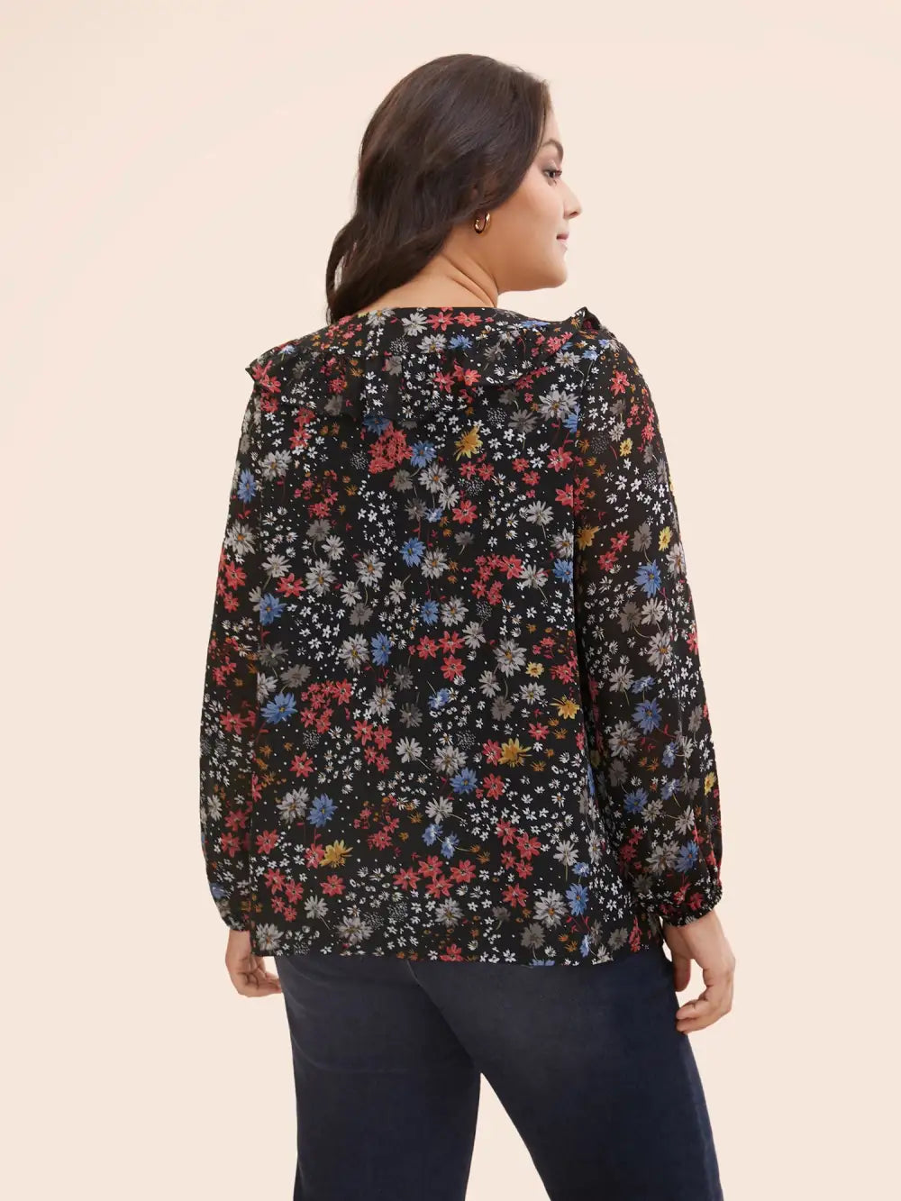 Chiffon Floral Tie Knot Ruffle Trim Blouse
