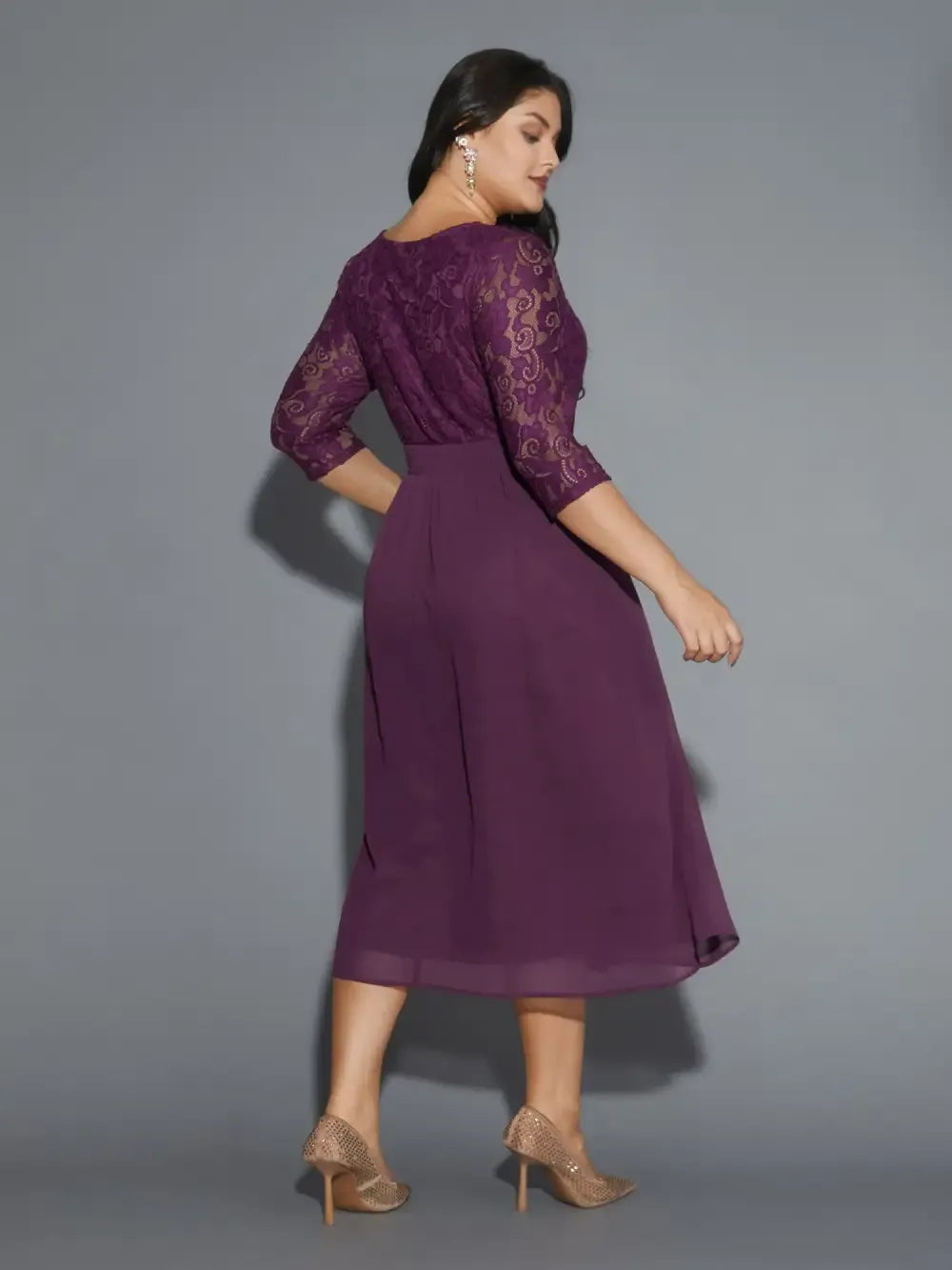 Lace Patchwork Shirred Midi Pocket Dress
