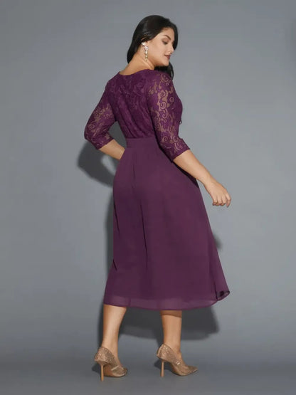 Lace Patchwork Shirred Midi Pocket Dress