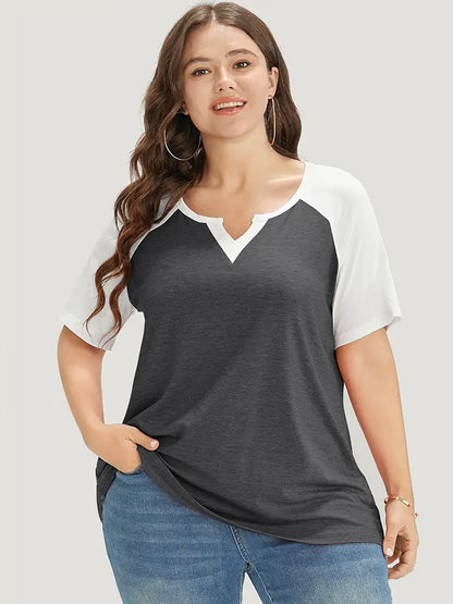 Colorblock Contrast Notched Raglan Sleeve T-shirt