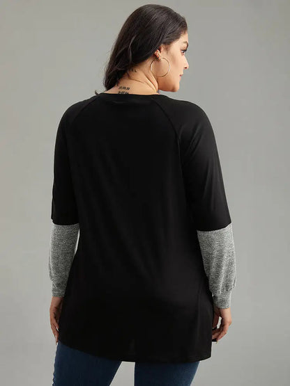 Two Tone Patchwork Heather Arc Hem T-Shirt