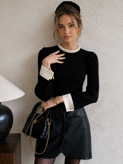 Contrast Trim Pearl-Detail Sweater