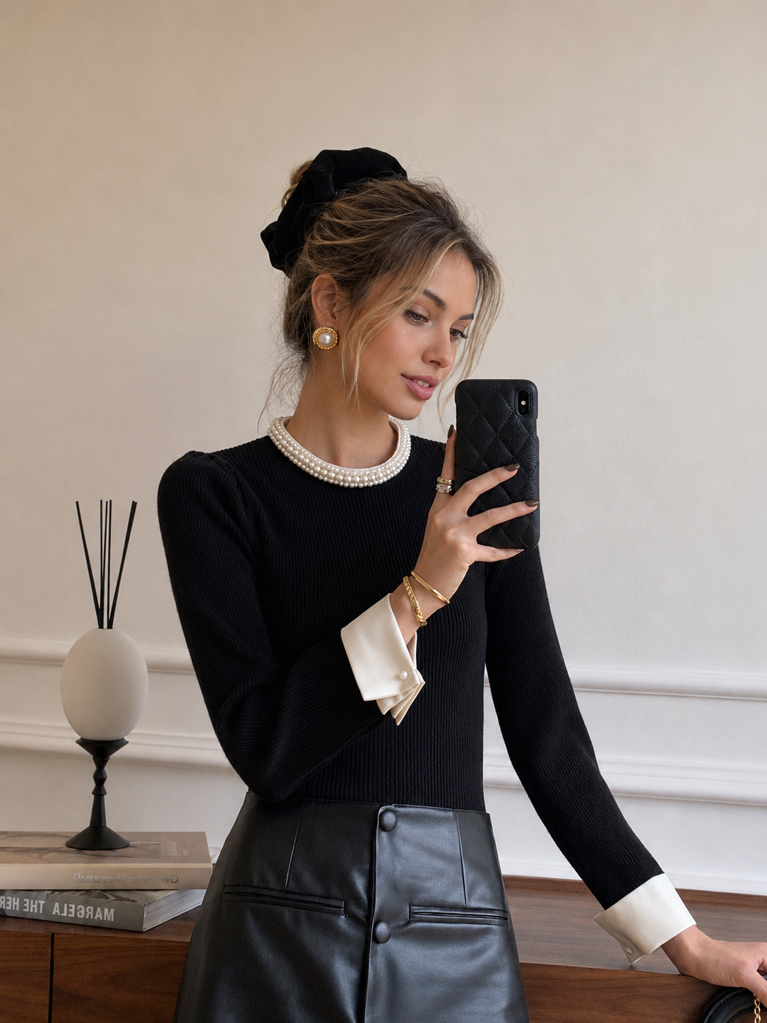 Contrast Trim Pearl-Detail Sweater