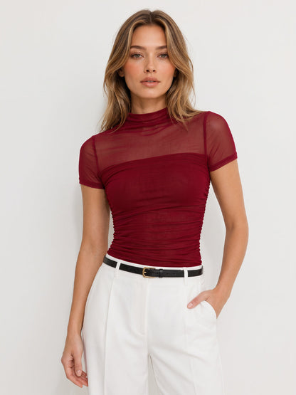 Mock Neck Sheer Short Sleeve Top