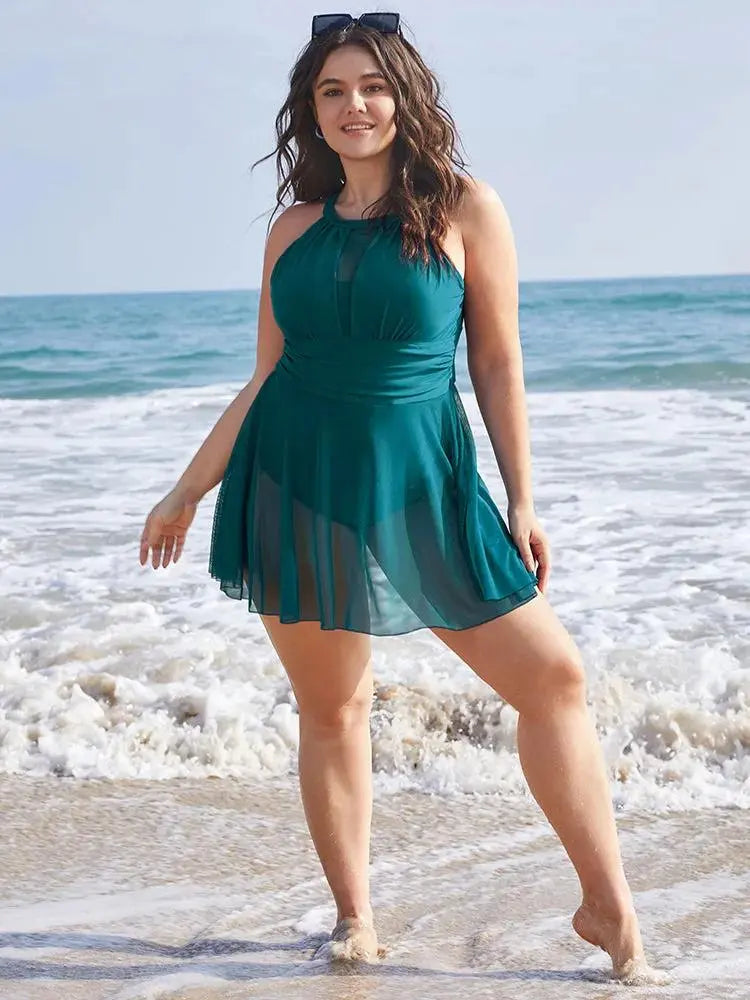 Knotted Back Mesh Insert Halter Swim Dress