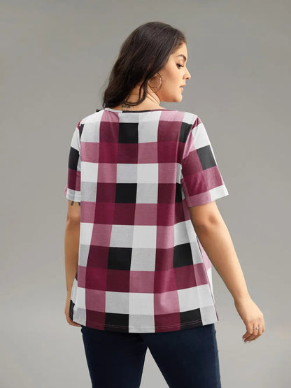 Plaid Round Neck Gathered T-Shirt