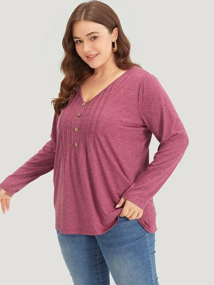 Plain V Neck Line Button Detail T-Shirt