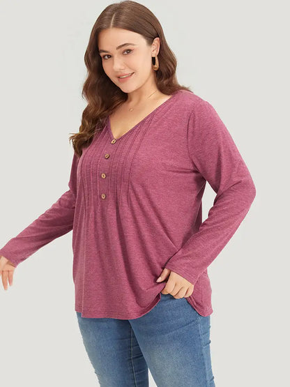 Plain V Neck Line Button Detail T-Shirt