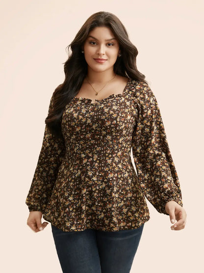 Heart Neckline Ditsy Floral Shirred Blouse