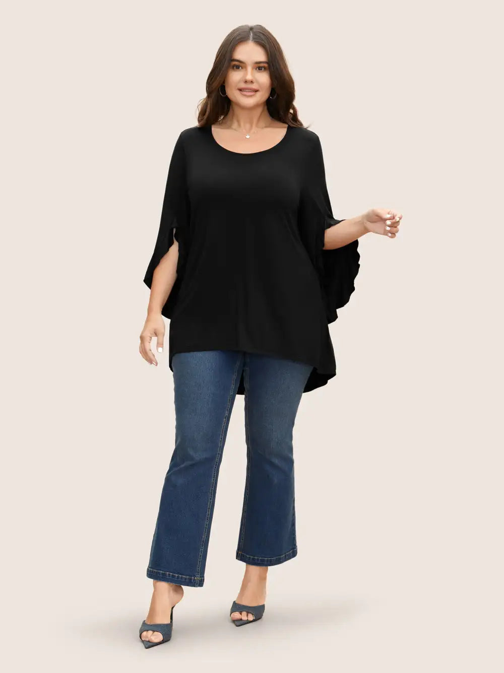 Solid Ruffle Sleeve High Low Hem T-Shirt