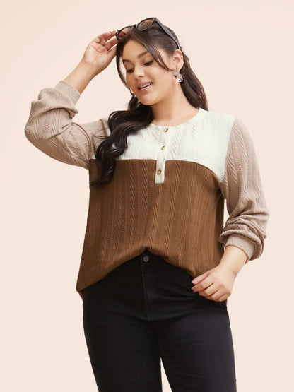 Colorblock Contrast Textured Button Up T-Shirt
