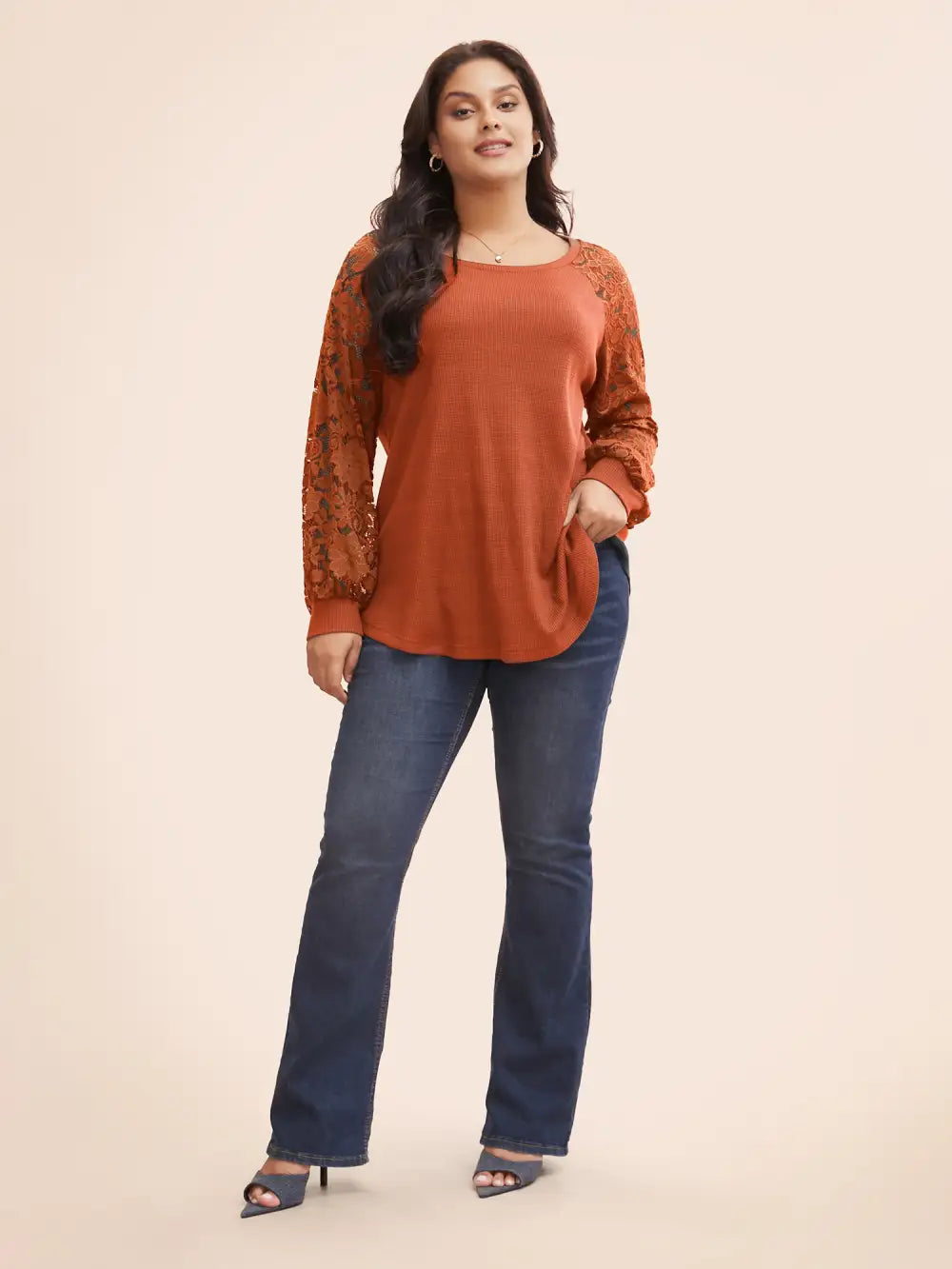 Plain Lace Panel Round Neck Raglan Sleeve T-Shirt