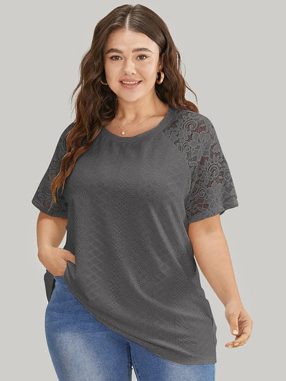 Solid Broderie Anglaise Lace Raglan Sleeve T-shirt