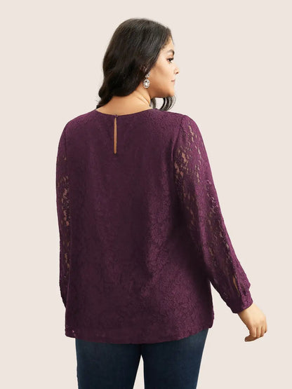 Solid Crochet Lace Mesh Crew Neck Blouse