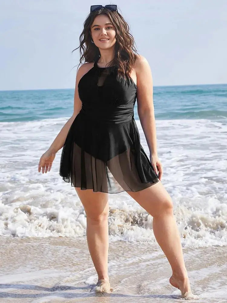 Knotted Back Mesh Insert Halter Swim Dress