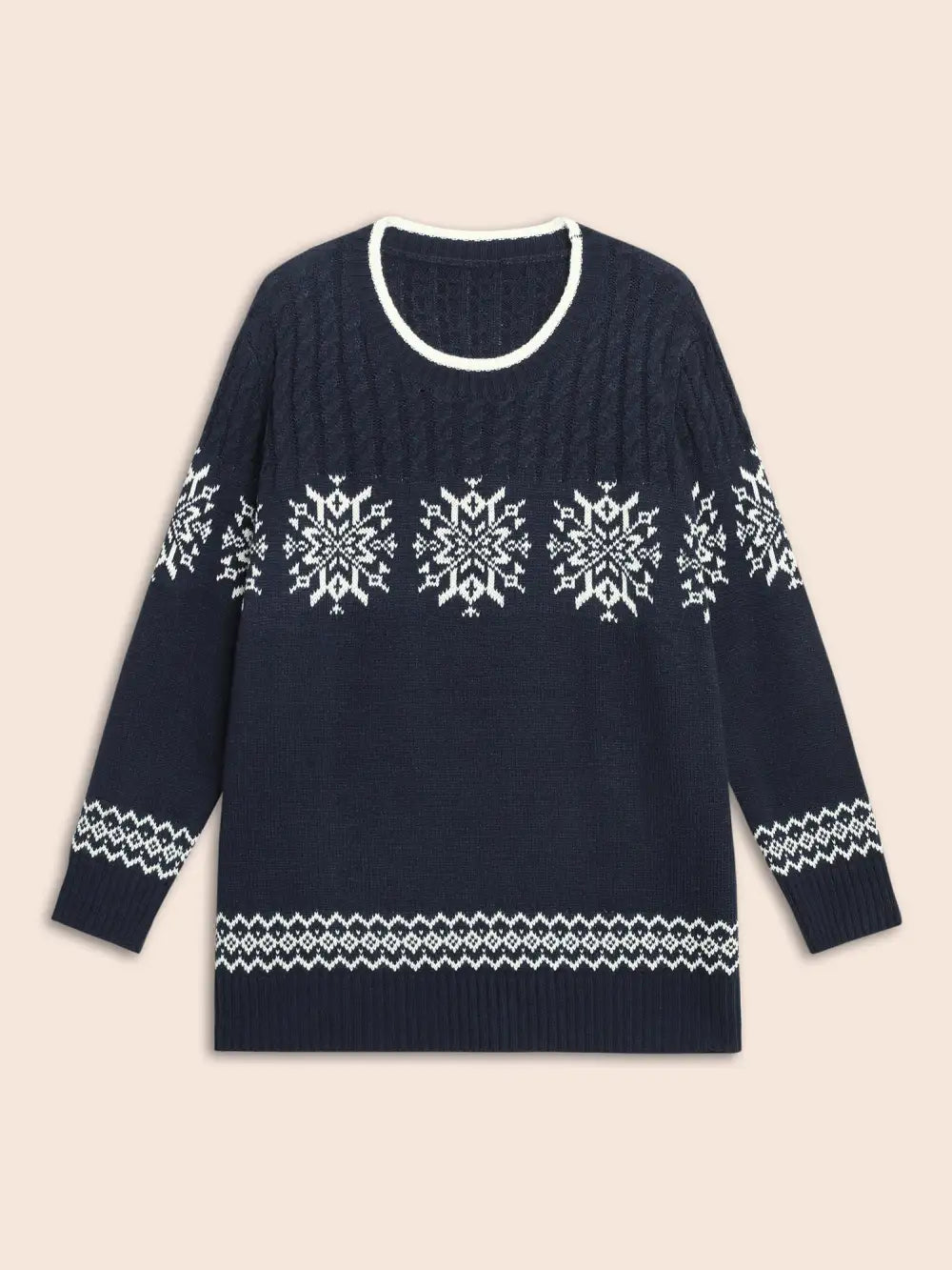 Snowflakes Pattern Contrast Round Neck Pullover