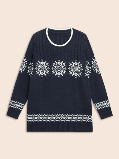 Snowflakes Pattern Contrast Round Neck Pullover
