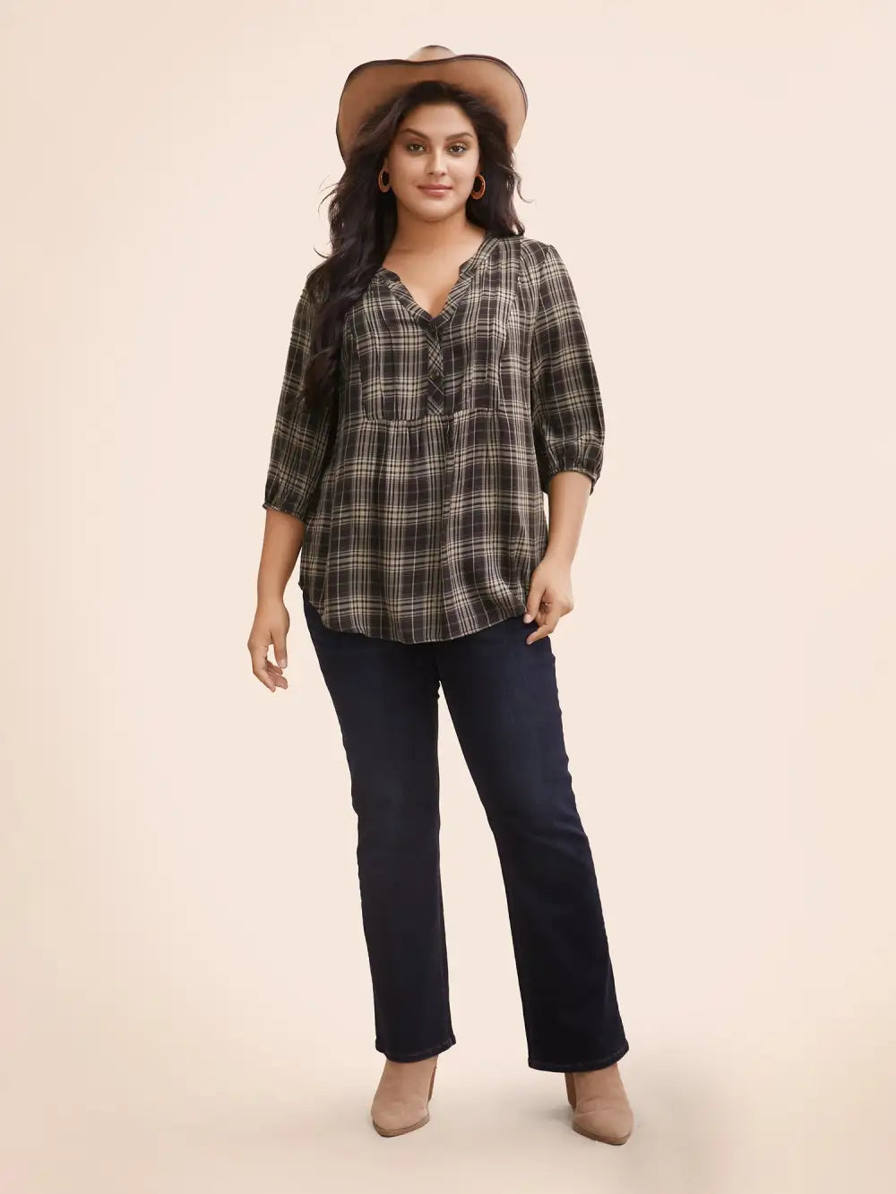 Plaid Pleated Button Placket Blouse