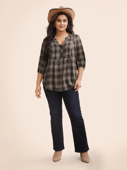 Plaid Pleated Button Placket Blouse