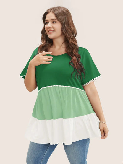 Colorblock Contrast Ruffle Tiered T-Shirt