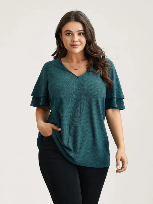 Jacquard Textured Lotus Leaf Sleeve Top