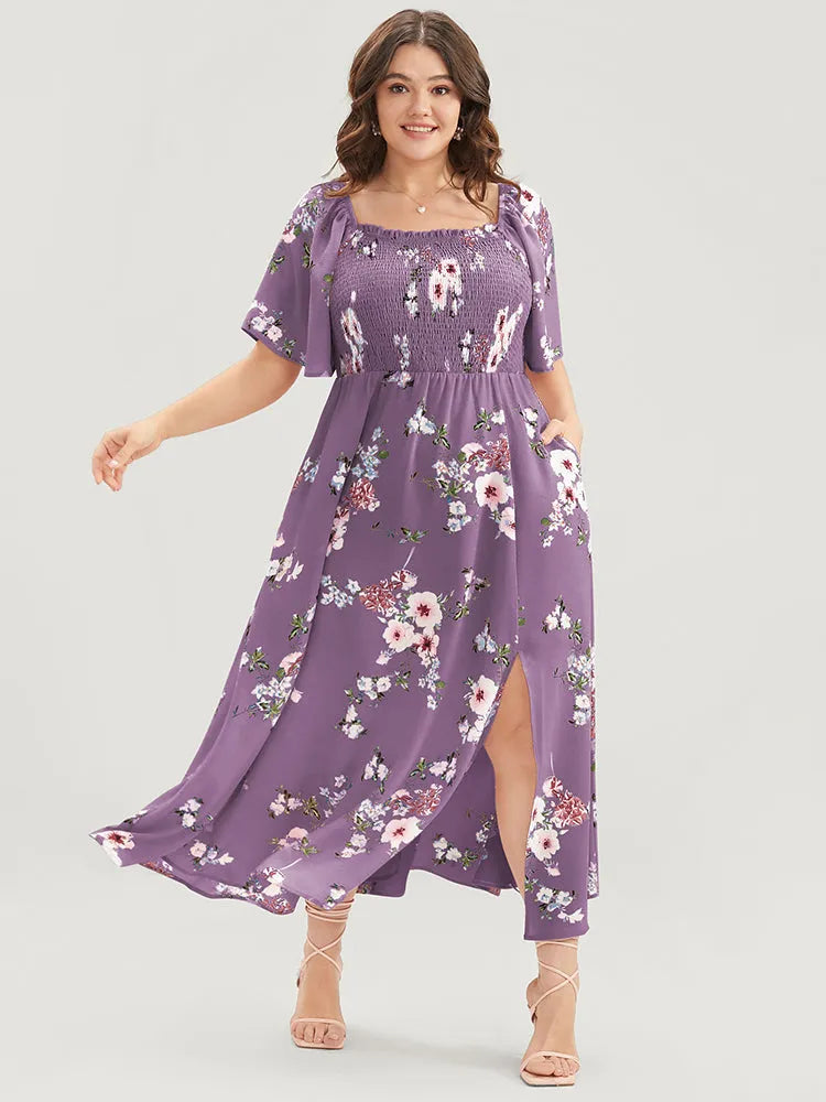Floral Square Neck Ruffles Pocket Shirred Split Dress