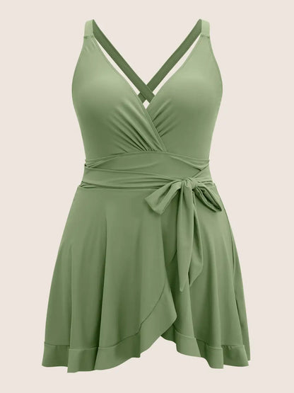 Plain Ties Wrap Flutters Swim Dress