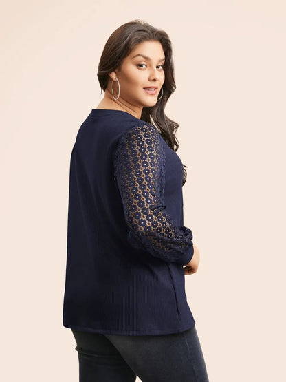 Notched Crochet Lace Mesh T-Shirt