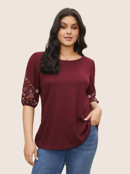 Floral Embroidered Crew Neck Puff Sleeve T-Shirt