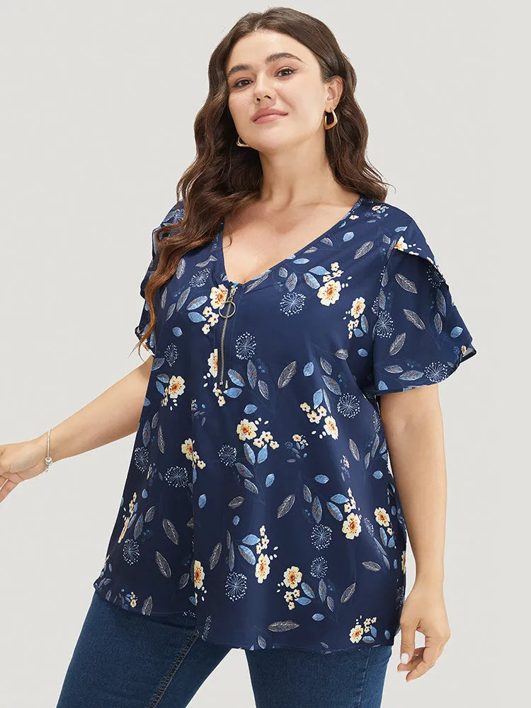 Floral O Ring Zipper Split Petal Sleeve Blouse