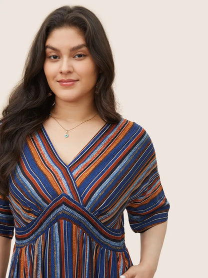 Striped Contrast Dolman Sleeve Shirred Pocket Split Flutter Dress