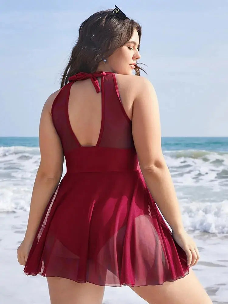 Knotted Back Mesh Insert Halter Swim Dress