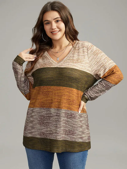Striped Colorblock Contrast V Neck T-Shirt