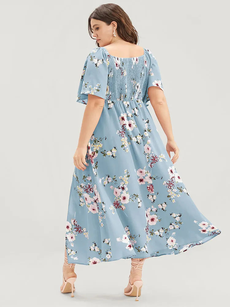 Floral Square Neck Ruffles Pocket Shirred Split Dress