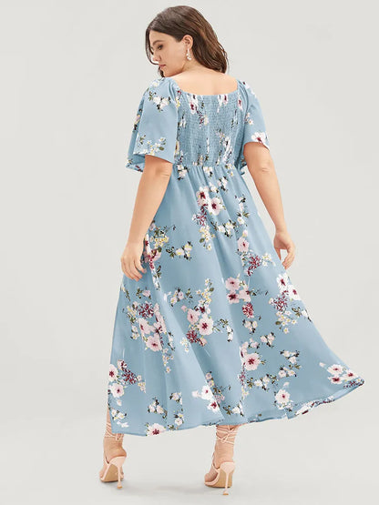 Floral Square Neck Ruffles Pocket Shirred Split Dress