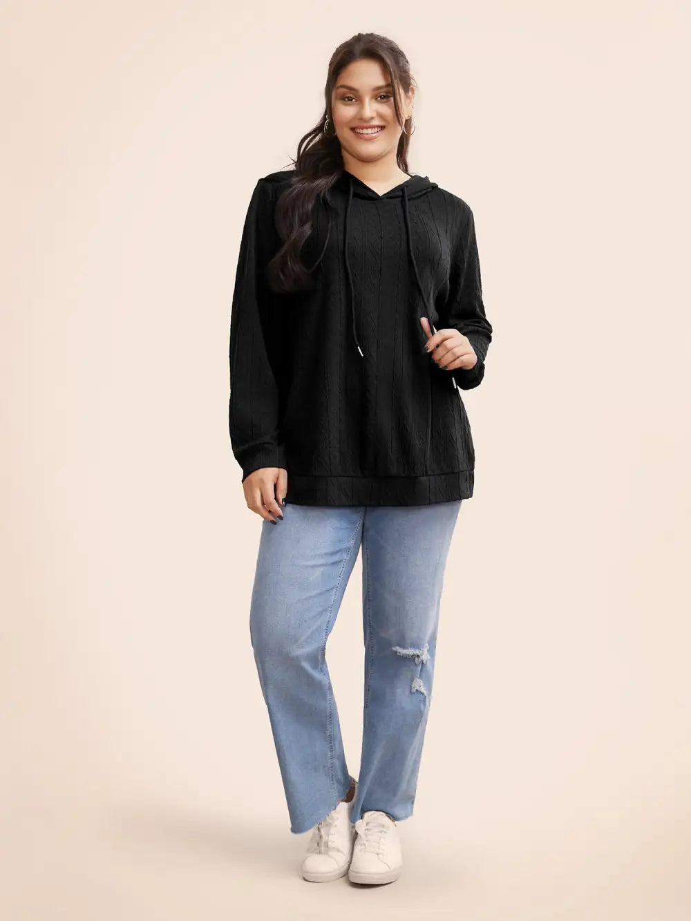 Plain Textured Hooded Drawstring Sweatshirt