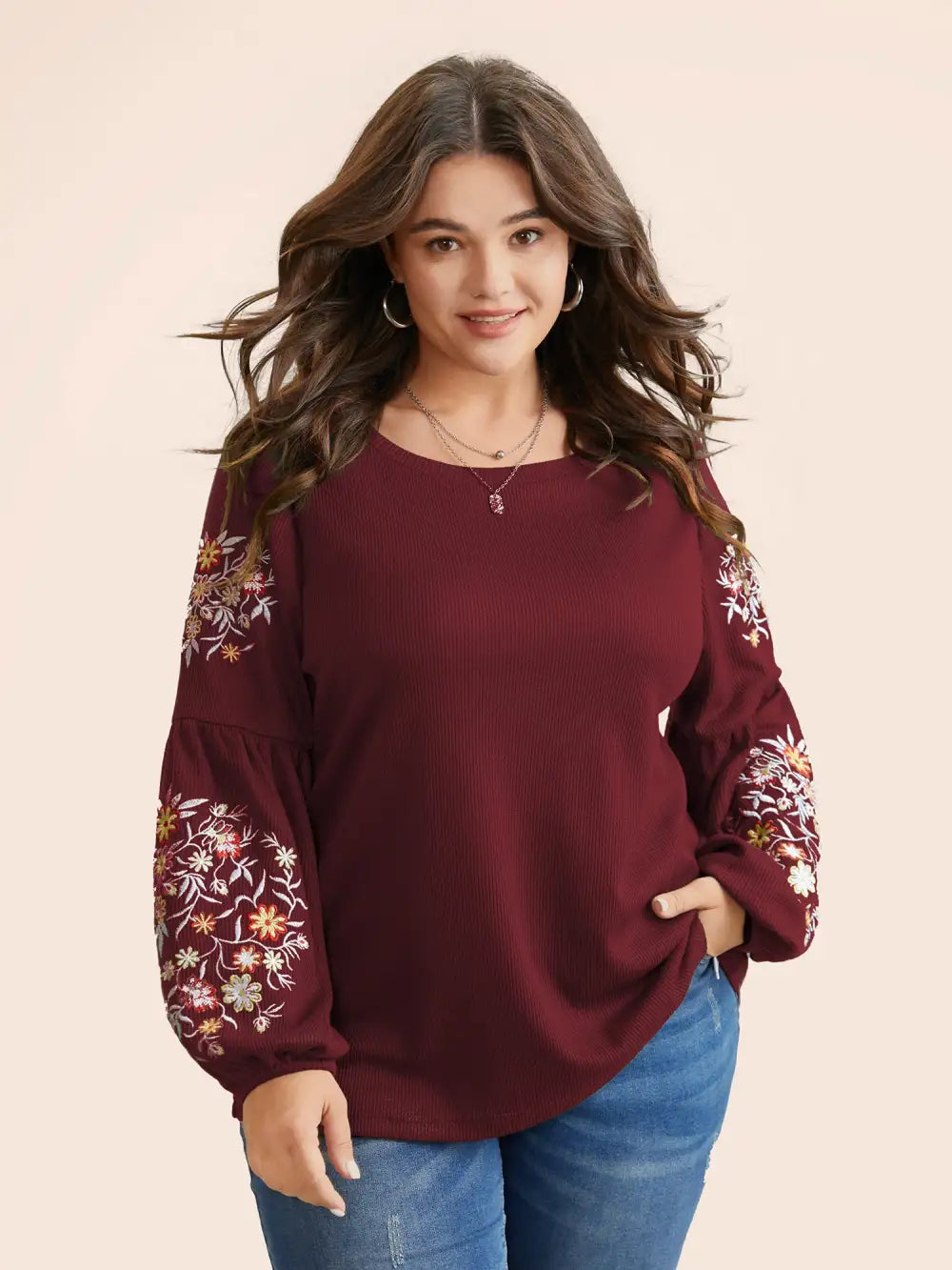 Waffle Knit Floral Embroidered Lantern Sleeve T-Shirt