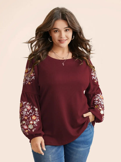 Waffle Knit Floral Embroidered Lantern Sleeve T-Shirt
