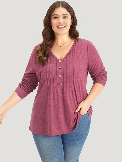 Plain V Neck Line Button Detail T-Shirt
