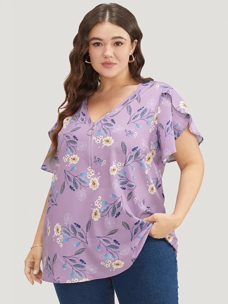 Floral O Ring Zipper Split Petal Sleeve Blouse