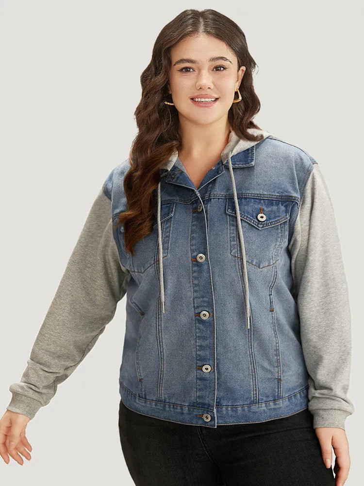 Hooded Patchwork Flap Pocket Denim Jacket
