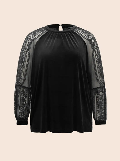 Lace Patchwork Velvet Raglan Sleeve Blouse