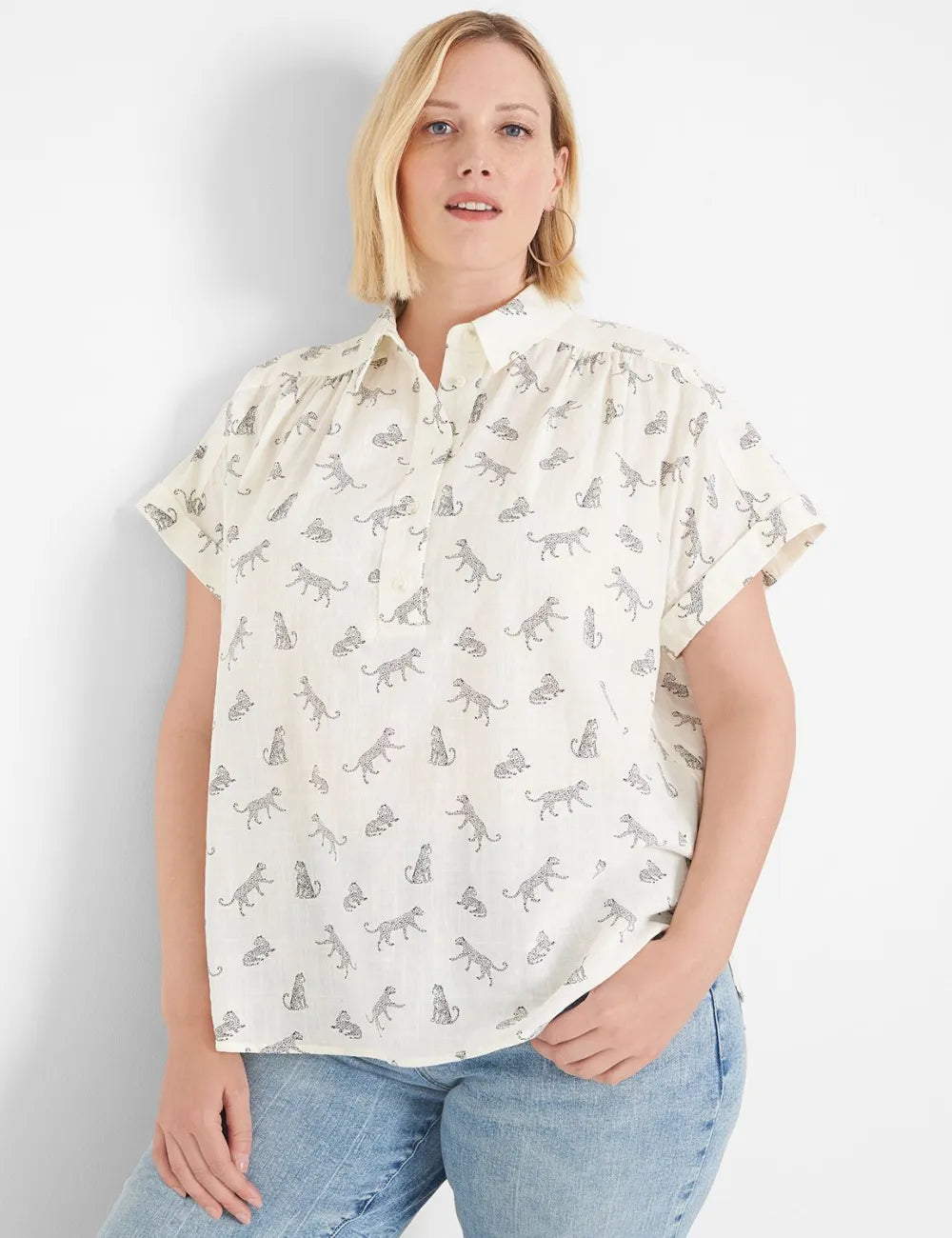Short-Sleeve Collared Popover Blouse