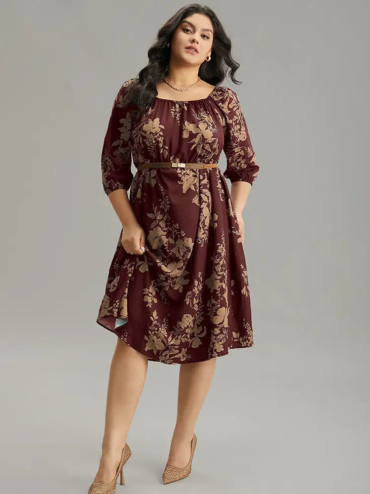 Silhouette Floral Print Elastic Cuffs Dress