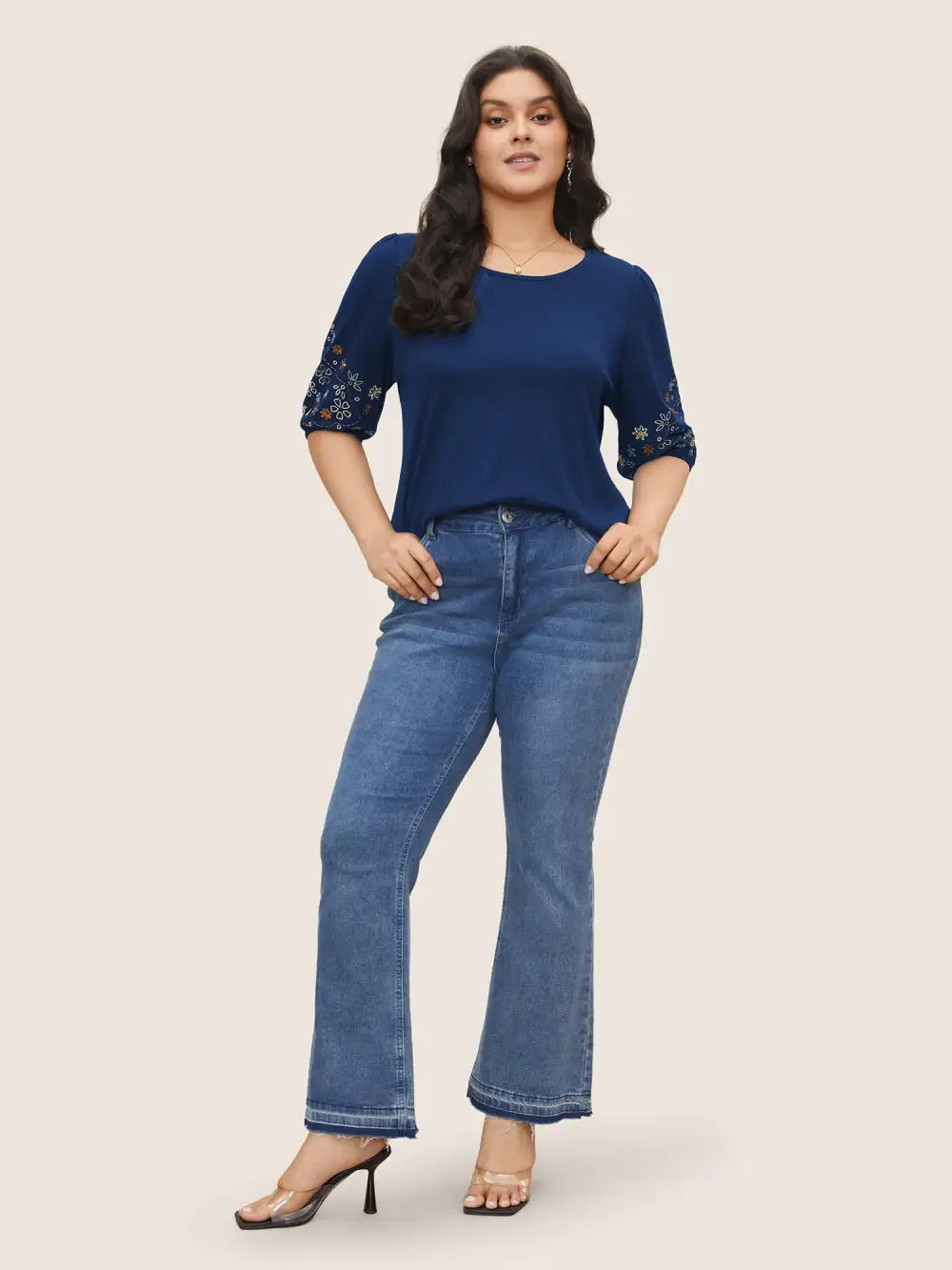 Floral Embroidered Crew Neck Puff Sleeve T-Shirt
