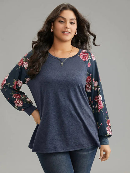 Floral Patchwork Crew Neck Raglan Sleeve T-Shirt