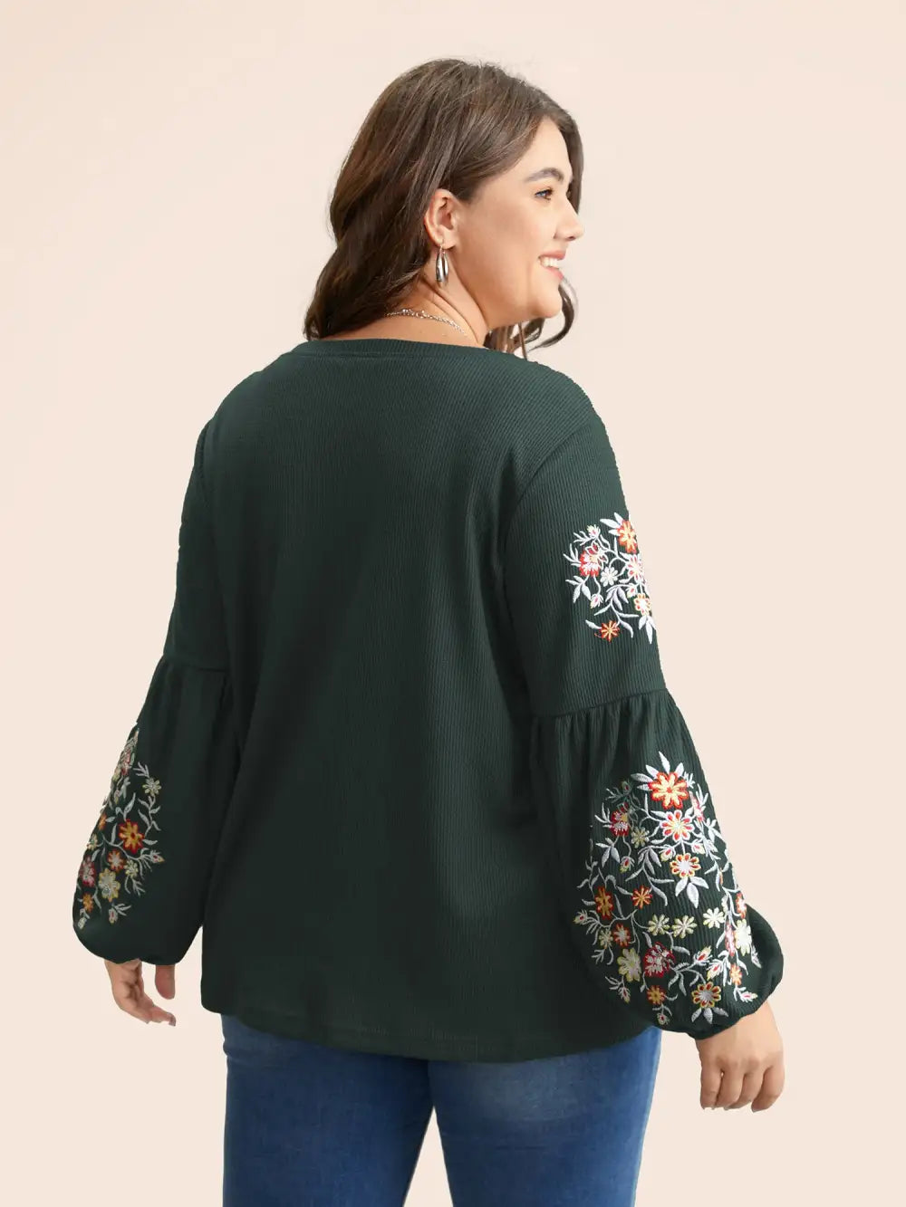 Waffle Knit Floral Embroidered Lantern Sleeve T-Shirt